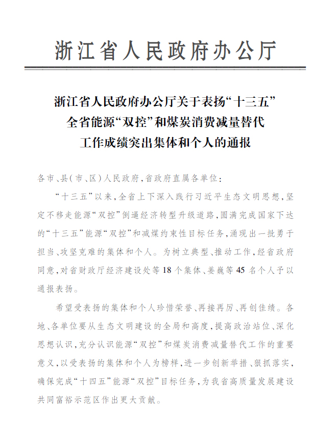 今年会永嘉公司付金轩获“浙江省能源‘双控’工作成绩突出个人”表彰